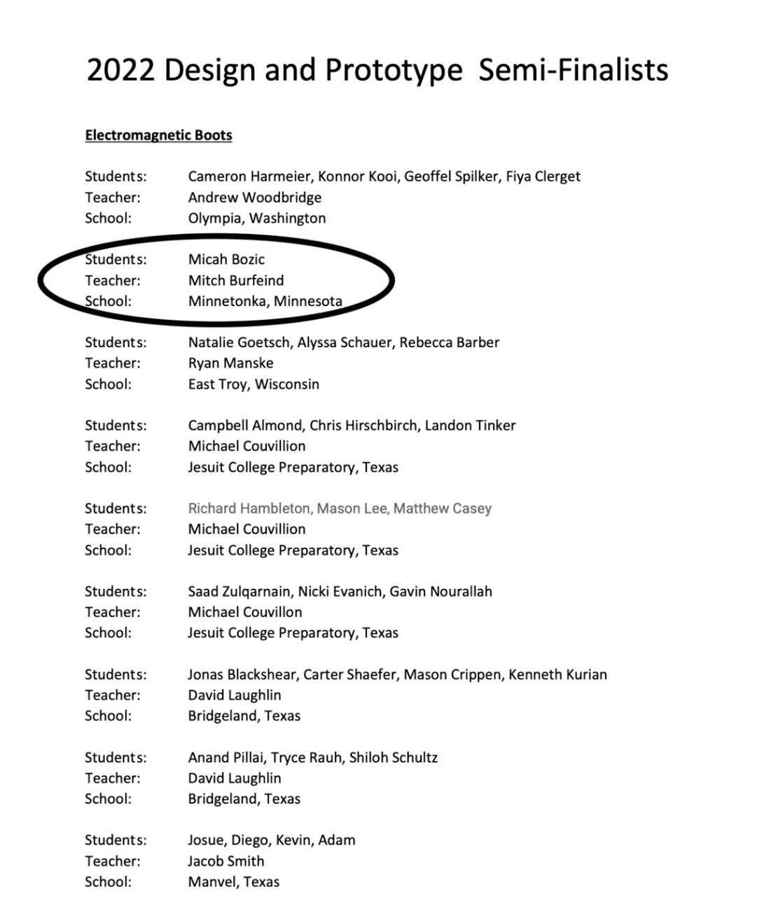 2022 Design Prototype Semi-Finalists list